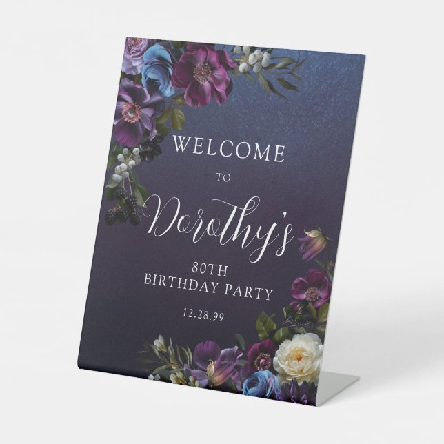 70th Birthday Purple Moody Flower Custom Welcome  Pedestal Sign (Front)