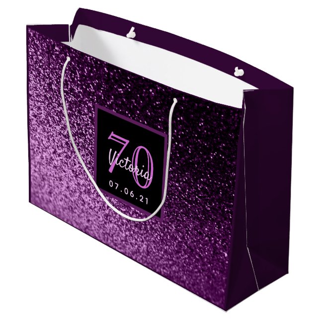 70th Birthday purple pink glitter name Large Gift Bag (Back Angled)