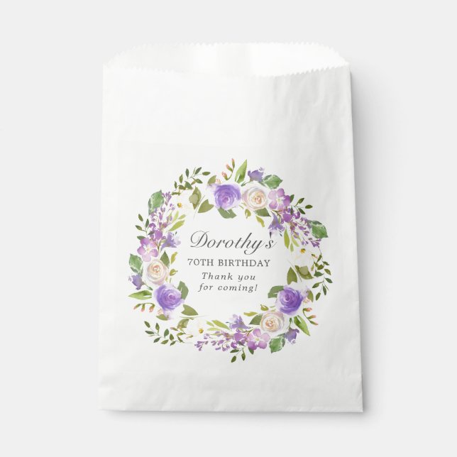 70th Birthday Purple Rose Floral Wreath Favor Bag (Front)