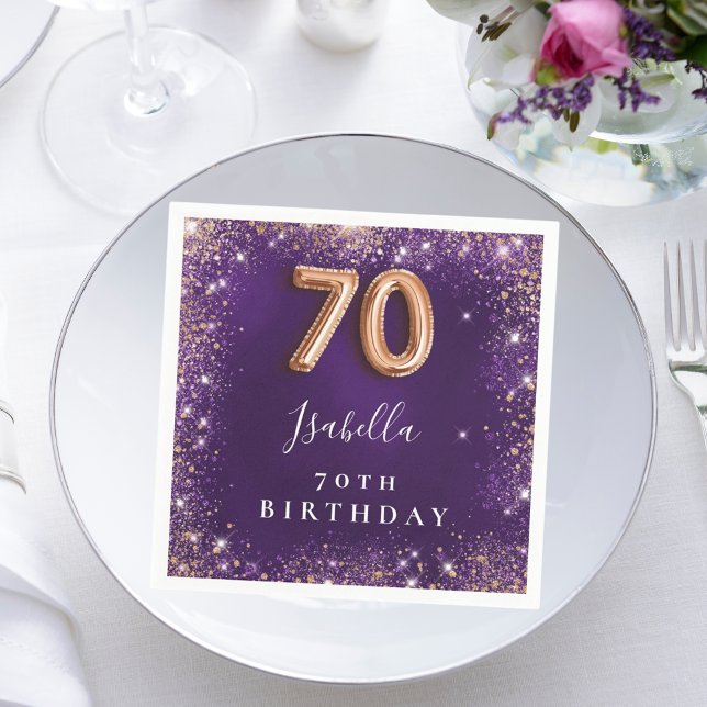 70th birthday purple rose gold sparkles name napkins (Creator Uploaded)