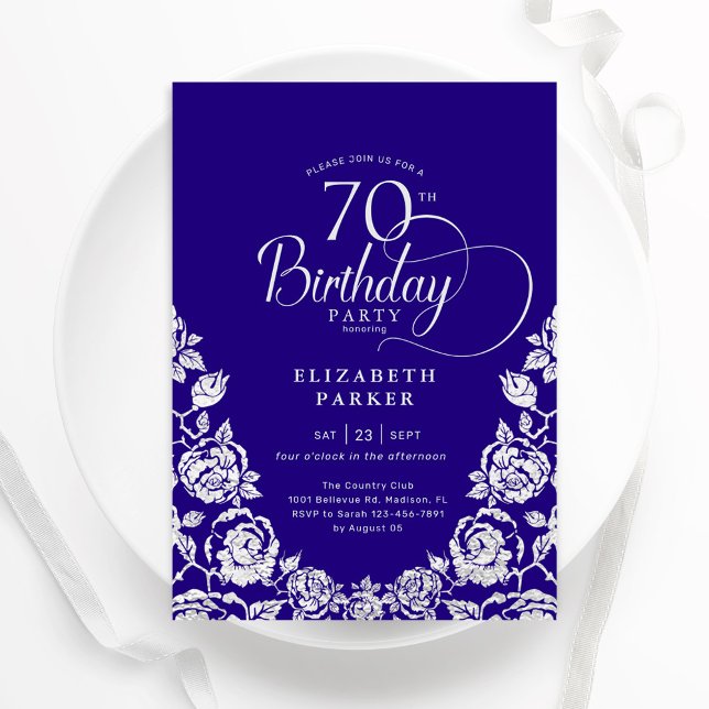 70th Birthday Purple Silver Roses Invitation (Creator Uploaded)