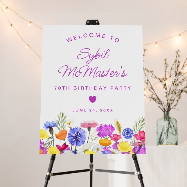 70th Birthday Purple Wildflowers Welcome Sign (In Situ (Stand))