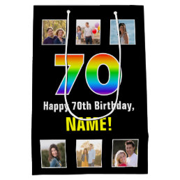 70th Birthday: Rainbow “70“, Custom Photos &amp; Name Medium Gift Bag