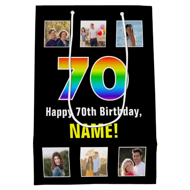 70th Birthday: Rainbow “70“, Custom Photos & Name Medium Gift Bag (Back)