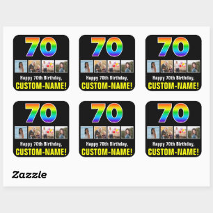 70th Birthday: Rainbow “70”; Custom Photos & Name Square Sticker