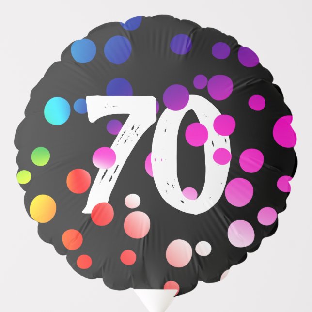 70th Birthday Rainbow Dots on Black Balloon (Front)