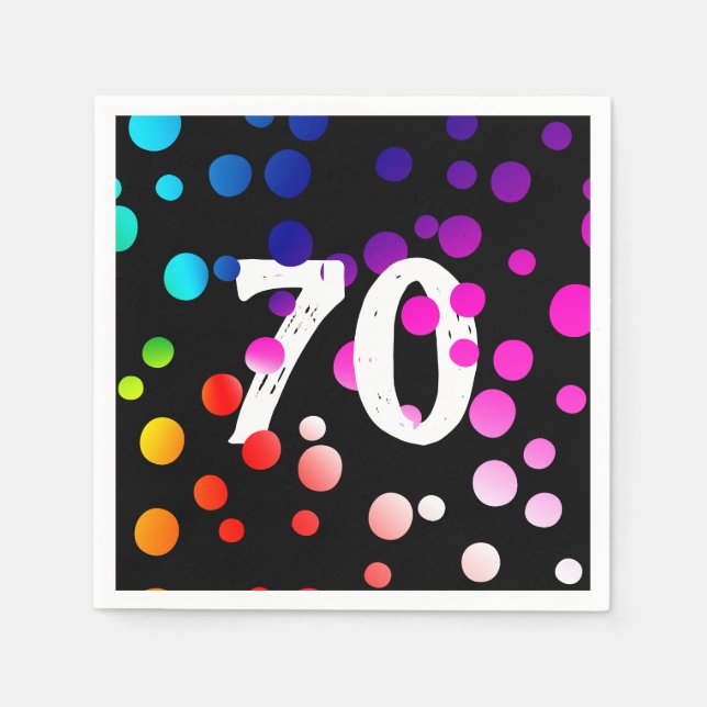 70th Birthday Rainbow Dots on Black Napkins (Front)