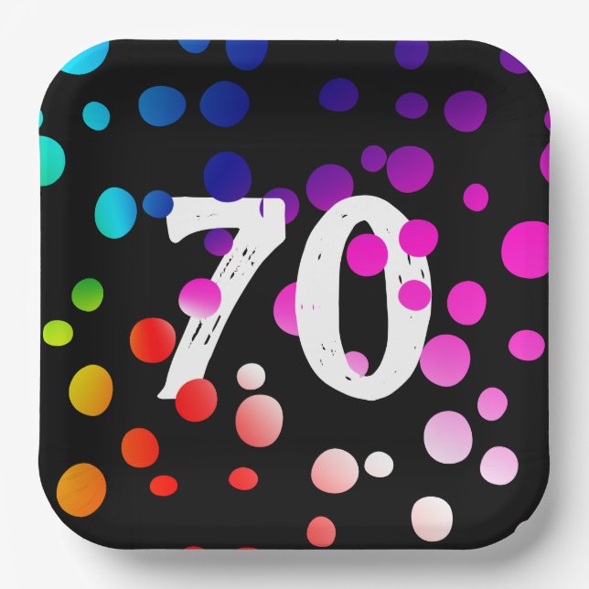 70th Birthday Rainbow Dots on Black Paper Plates (Front)