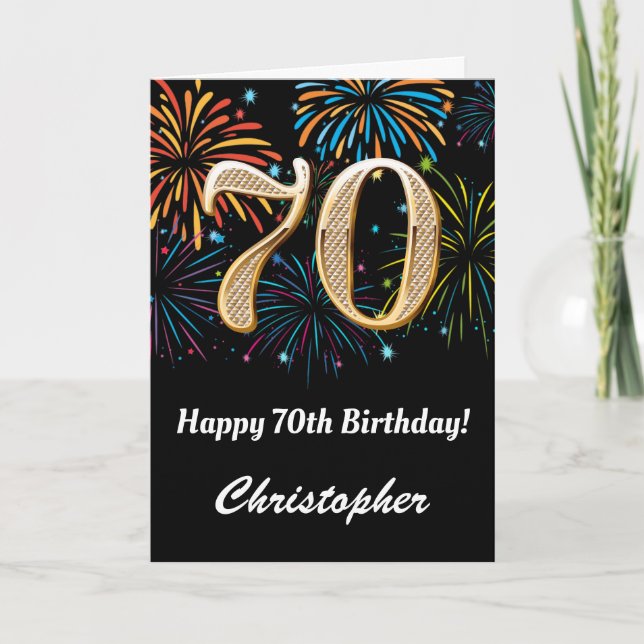 70th Birthday Rainbow Fireworks Black and Gold Card (Front)