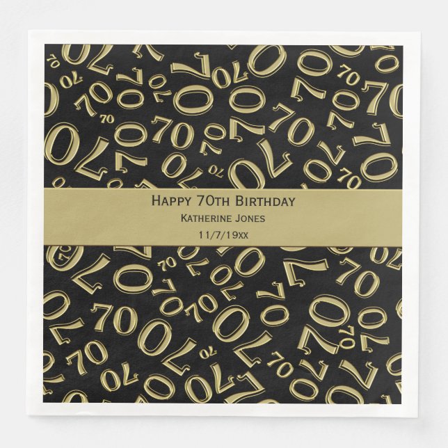 70th Birthday Random Number Pattern Black/Gold Paper Dinner Napkins (Front)
