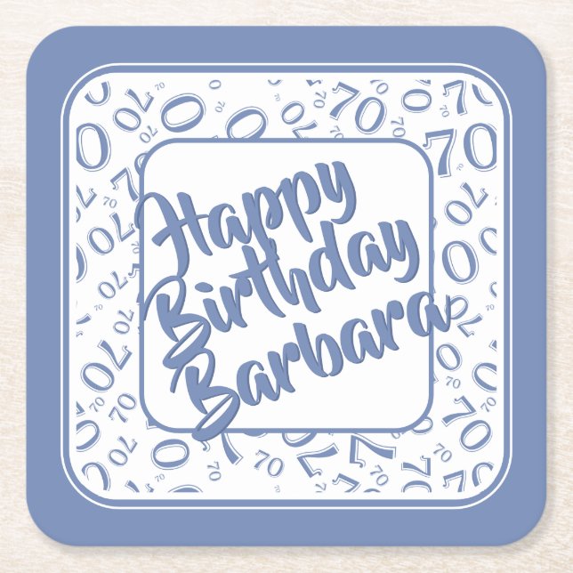 70th Birthday Random Number Pattern Blue/White Square Paper Coaster (Front)