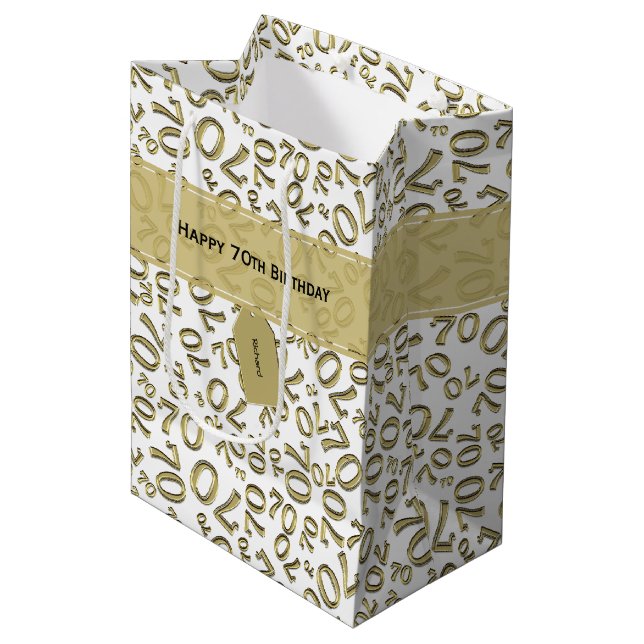 70th Birthday Random Number Pattern Gold/White Medium Gift Bag (Front Angled)