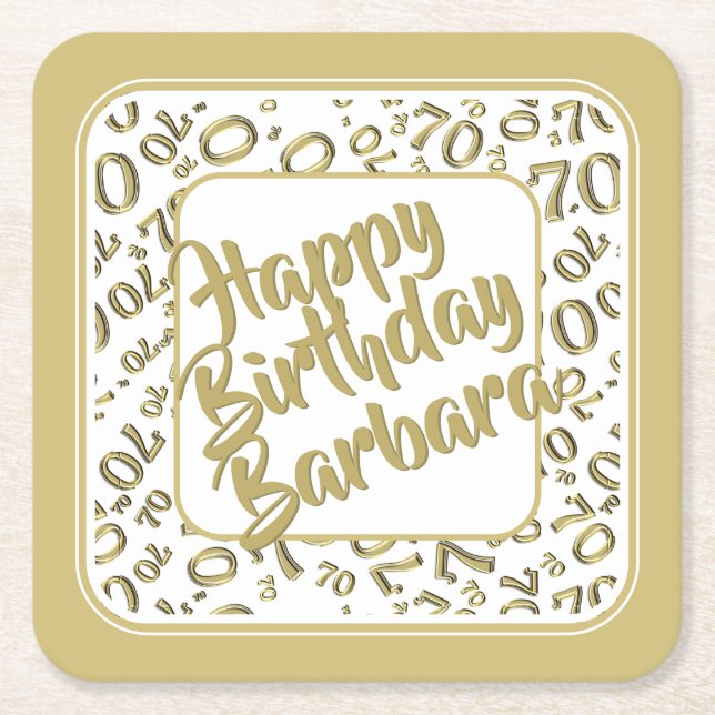 70th Birthday Random Number Pattern Gold White Square Paper Coaster (Front)