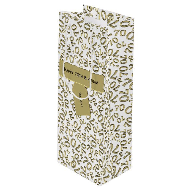 70th Birthday Random Number Pattern Gold/White Wine Gift Bag (Front Angled)