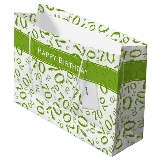 70th Birthday Random Number Pattern Green/White Large Gift Bag (Front Angled)