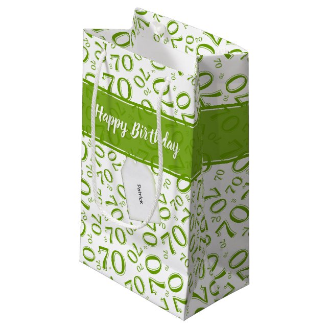 70th Birthday Random Number Pattern Green/White Small Gift Bag (Front Angled)