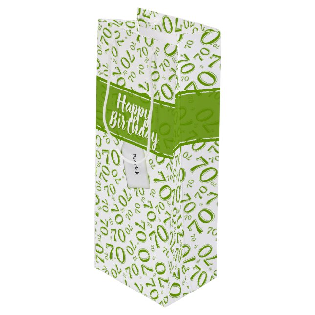 70th Birthday Random Number Pattern Green/White Wine Gift Bag (Front Angled)