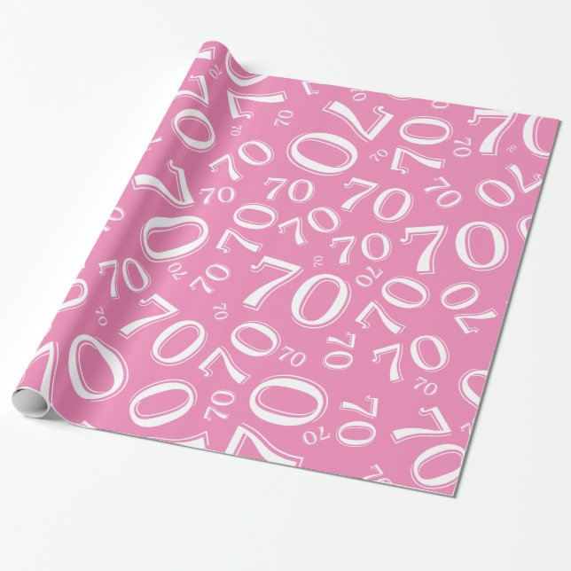70th Birthday Random Number Pattern Pink/White 70 Wrapping Paper (Unrolled)