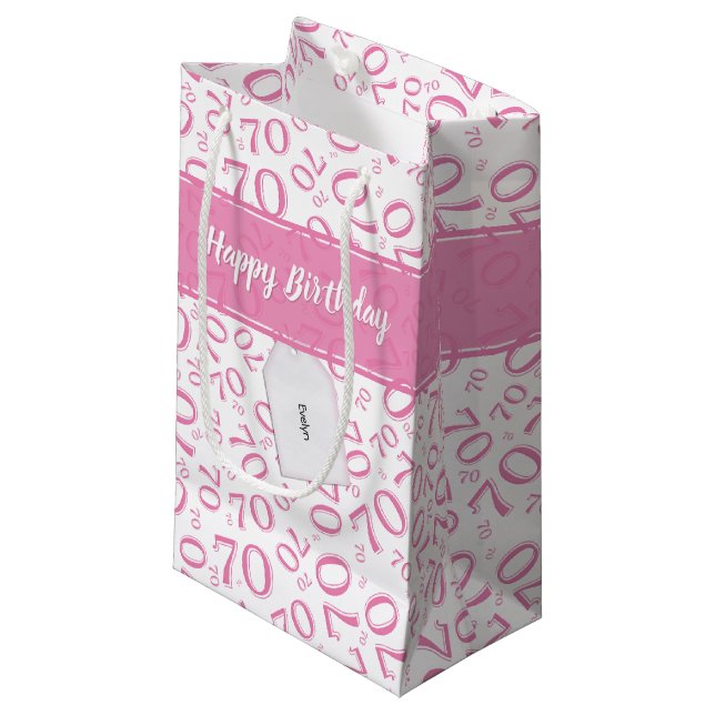 70th Birthday Random Number Pattern Pink/White Small Gift Bag (Front Angled)