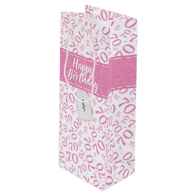 70th Birthday Random Number Pattern Pink/White Wine Gift Bag (Front Angled)