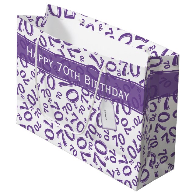 70th Birthday Random Number Pattern Purple/White Large Gift Bag (Front Angled)