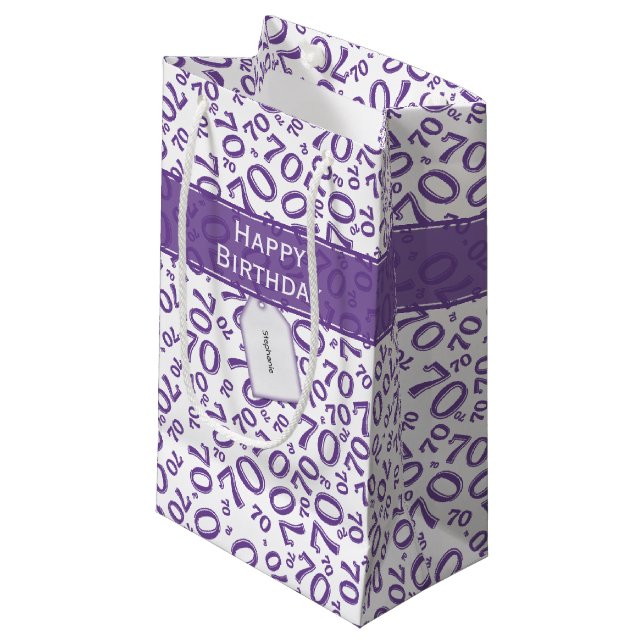 70th Birthday Random Number Pattern Purple/White Small Gift Bag (Front Angled)