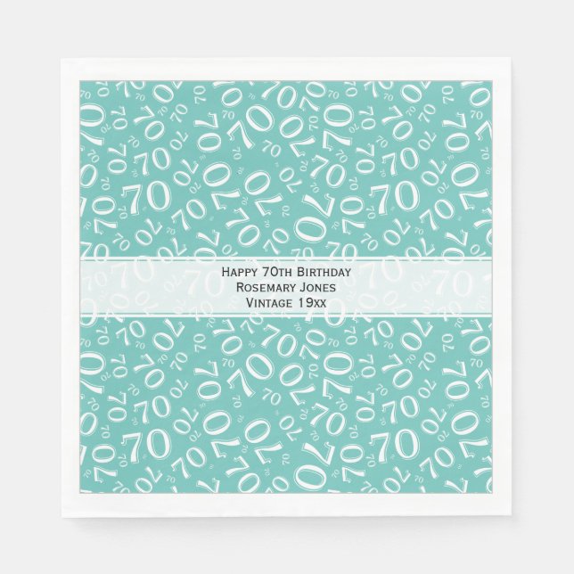 70th Birthday Random Number Pattern Teal/White Napkins (Front)