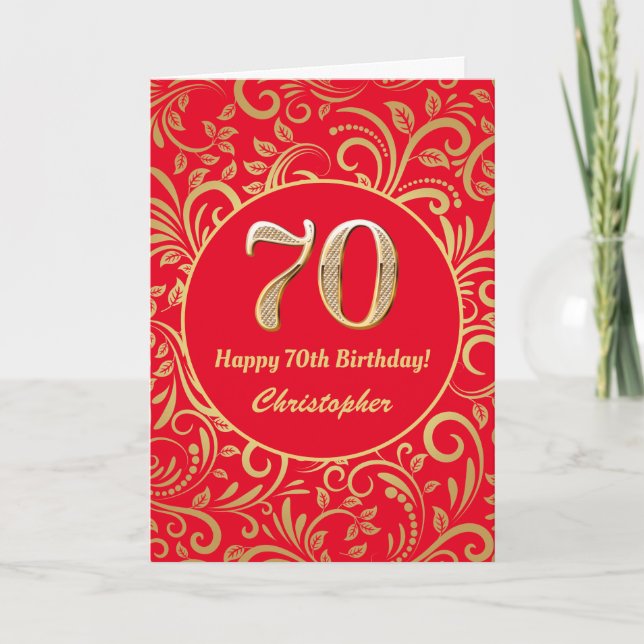 70th Birthday Red and Gold Floral Pattern Card (Front)