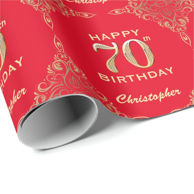 70th Birthday Red and Gold Glitter Frame Wrapping Paper (Roll Corner)