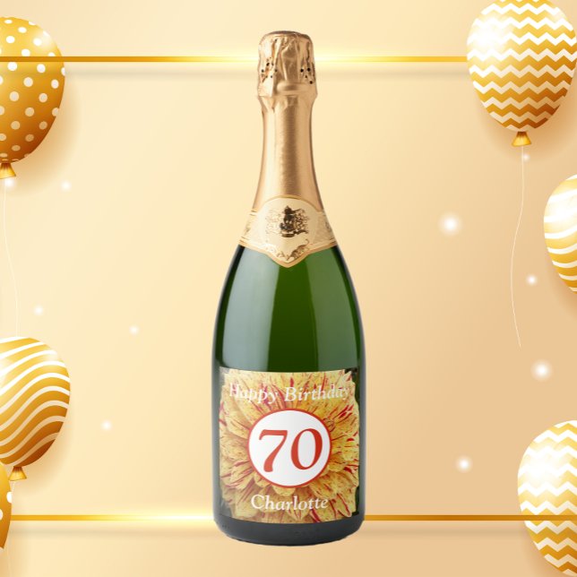 70th Birthday Red and Yellow Dahlia Personalized Sparkling Wine Label (In Situ Party)