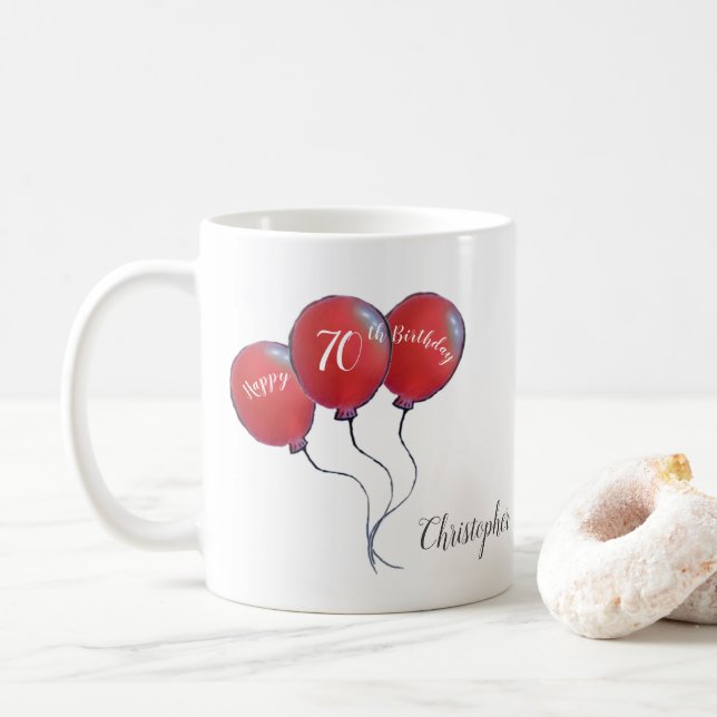 70th birthday red balloon gift coffee mug (With Donut)