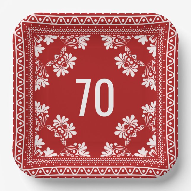70th Birthday Red Bandana Paper Plates (Front)