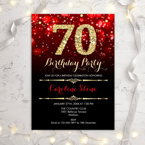 70th Birthday _ Red Black Gold Invitation