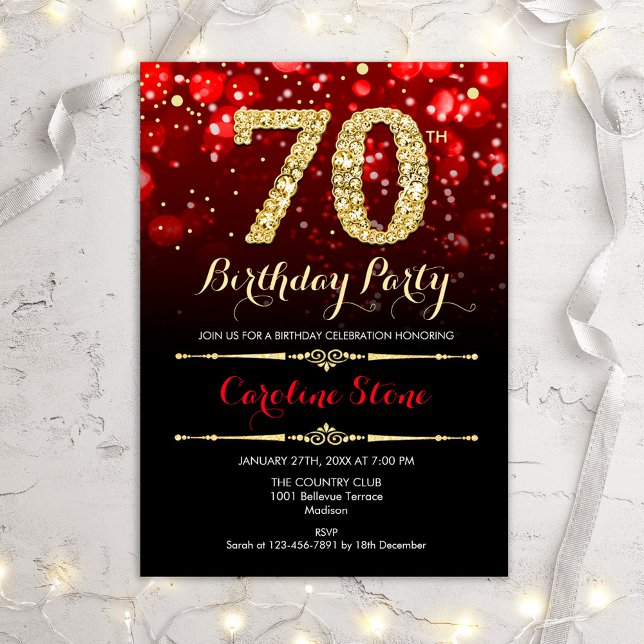 70th Birthday - Red Black Gold Invitation (Creator Uploaded)