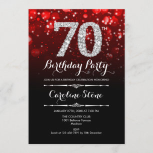 70th Birthday - Red Black Silver Invitation