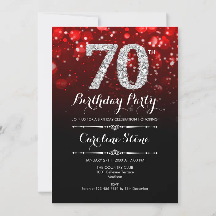 Red Black Silver Diamond 70Th Birthday Party Invitations 
