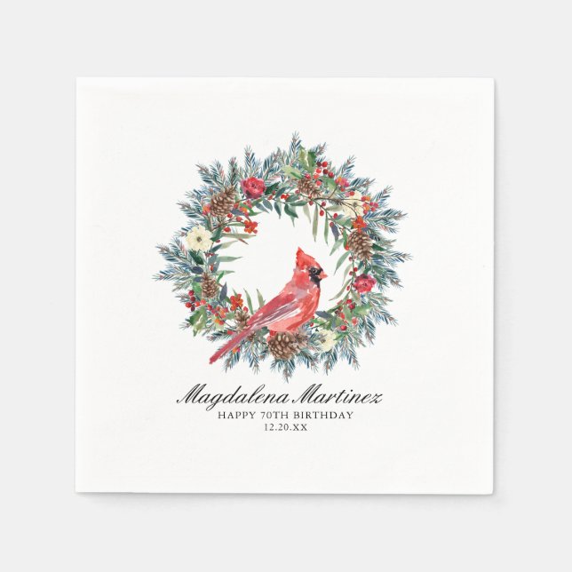 70th Birthday Red Cardinal Wreath Custom Cocktail Napkins (Front)