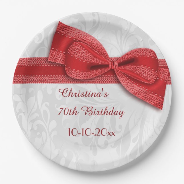 70th Birthday Red Damask and Faux Bow Paper Plates (Front)