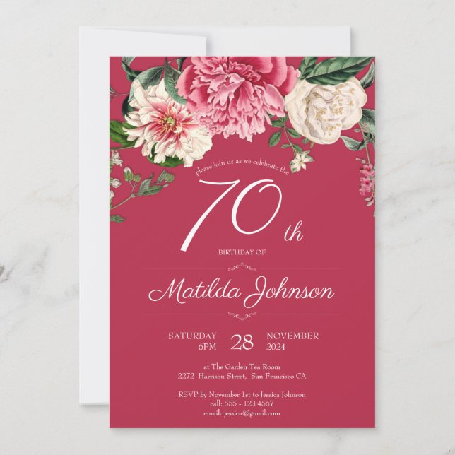 70th Birthday Red Floral Botanical Elegant Party Invitation (Front)