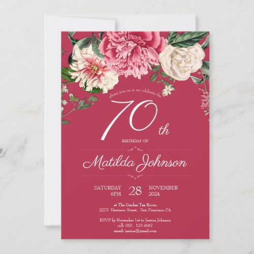 70th Birthday Red Floral Botanical Elegant Party Invitation