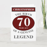 70th Birthday Red Genuine Legend Add Your Name Card<br><div class="desc">Fun 70th "Birth Of A Legend" birthday red, gray and white card. Add the year, change "Legend" to follow your needs. Add the name and a unique message in the card. All easily done using the template provided. You can also change the age to make any age you want eg...</div>