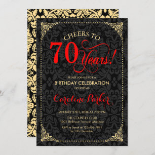 70th Birthday - Red Gold Black Damask Invitation