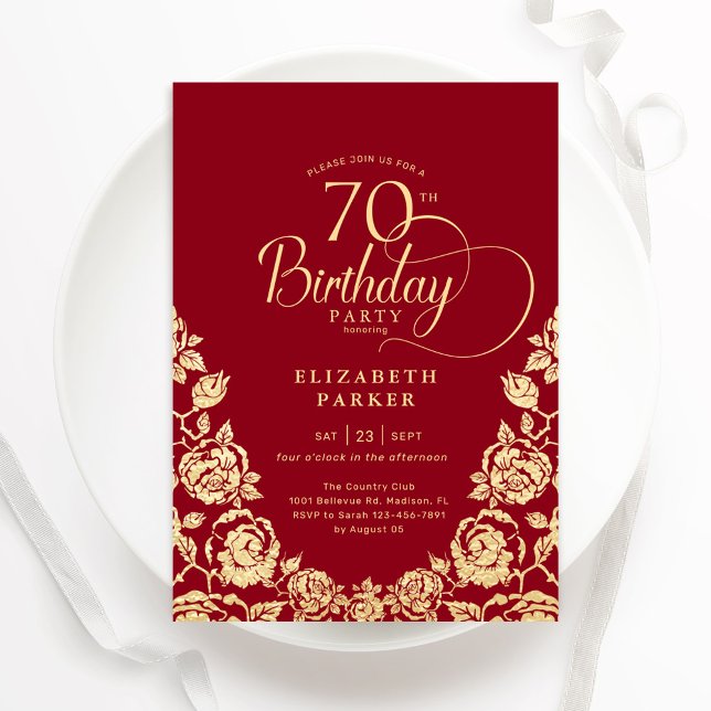 70th Birthday Red Gold Roses Invitation (Creator Uploaded)
