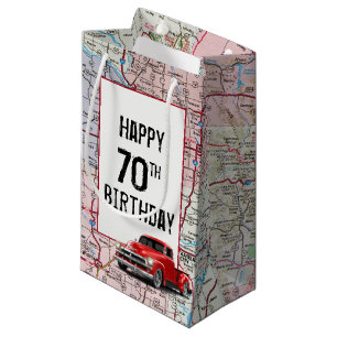 70th Birthday Red Retro Truck on Map  Small Gift Bag