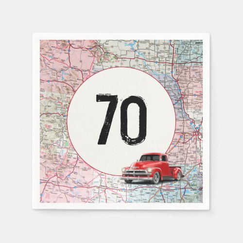 70th Birthday Red Retro Truck on Road Map Napkins