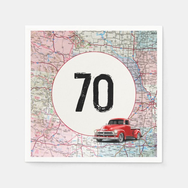 70th Birthday Red Retro Truck on Road Map Napkins (Front)