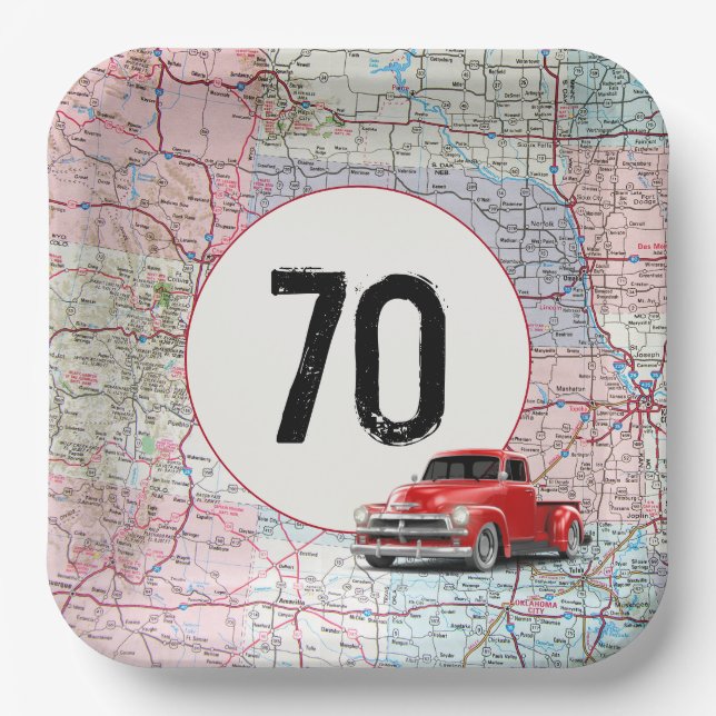 70th Birthday Red Retro Truck on Road Map  Paper Plates (Front)