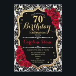 70th Birthday - Red Roses Gold Black Damask Invitation<br><div class="desc">70th Birthday Invitation.
Elegant red black white design with faux glitter gold. Features damask,  script font and roses. Perfect for an elegant birthday party. Can be personalized into any year! Message me if you need further customization.</div>
