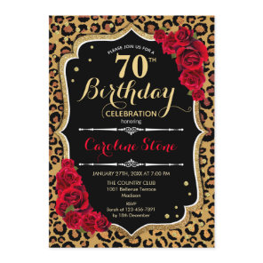70th Birthday - Red Roses Leopard Print Invitation