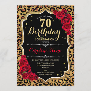 70th Birthday - Red Roses Leopard Print Invitation